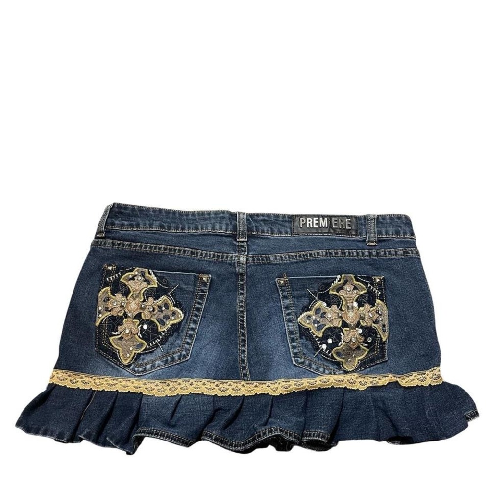 reworked Y2K denim mini skirt with lace trim and cross design